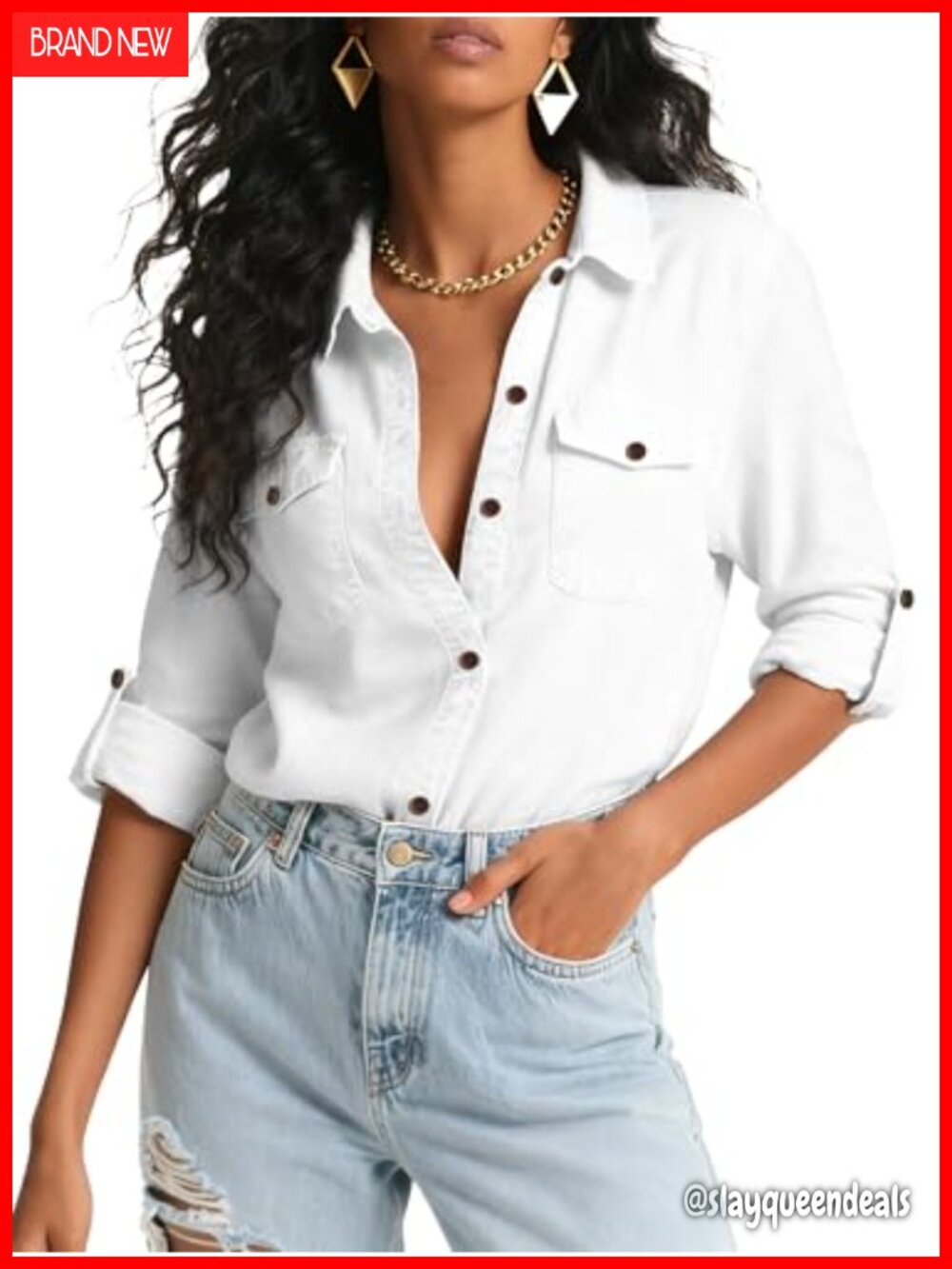 Women Denim Chambray Button Down Shirt Long Sleeve Cotton